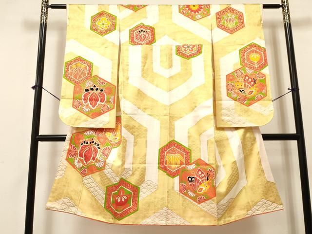 平和屋着物 七五三 女の子 ７歳 祝着 四つ身 駒刺繍 橘 亀甲舞蝶桐花文 金彩 ma