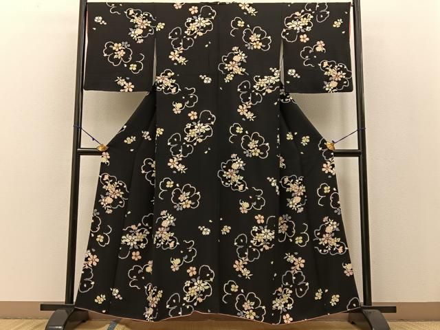 平和屋着物○上質な小紋 舞花文 黒地 金彩 正絹 逸品 BAAW0990hj