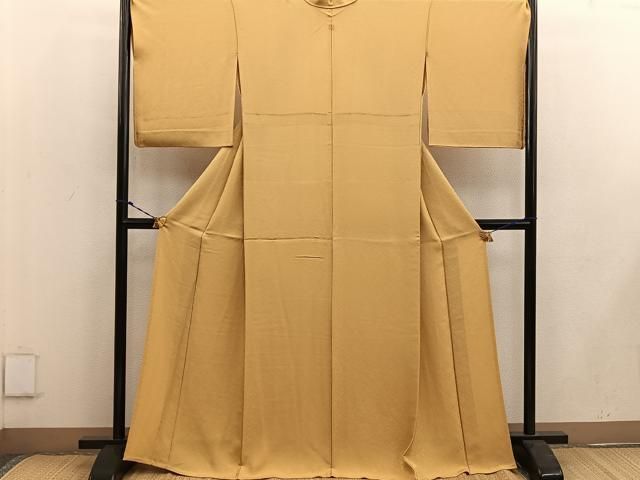 平和屋着物▽上質なお召 単衣 黄金糸 花唐草地紋 黄土色 正絹 mz