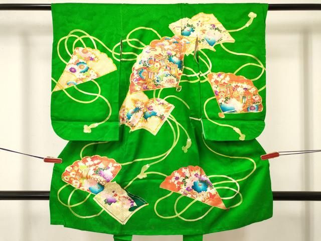 平和屋着物 七五三 女の子 ３歳 祝着 三つ身 駒刺繍 扇面御所車冊子花文 金彩 ma