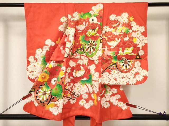 平和屋着物 七五三 女の子 ３歳 祝着 三つ身 駒刺繍 花車文 金彩 ma