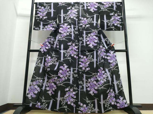 平和屋着物∴夏物 浴衣 草花文 黒地 綿 ng