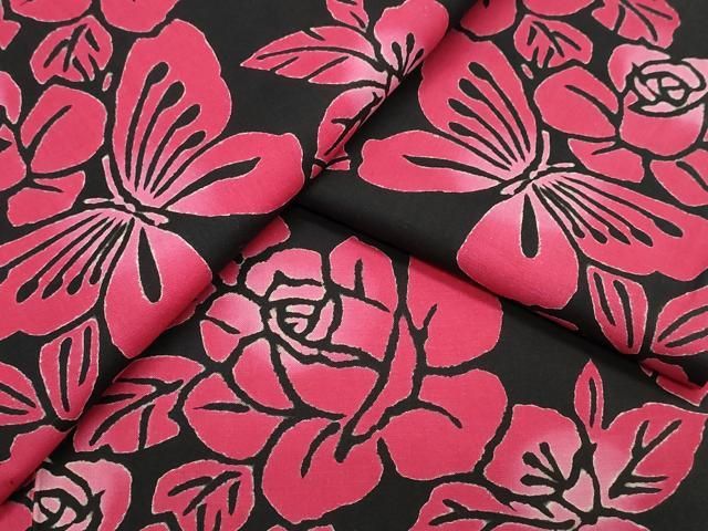 平和屋着物∴夏物 浴衣 型染め 薔薇舞蝶文 黒地 綿 ng