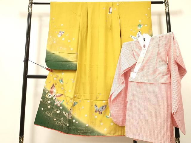 平和屋着物 七五三 女の子 ７歳 祝着 四つ身 襦袢 無双仕立て 半衿刺繍 セット 流水花蝶文 暈し染め 金銀彩 ma