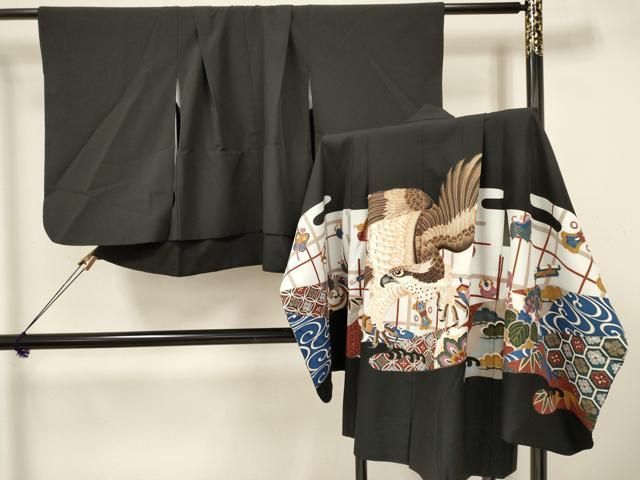 平和屋着物 七五三 男の子 祝着 羽織セット 鷹 鷲 笹松文 金彩 洗える着物 ma