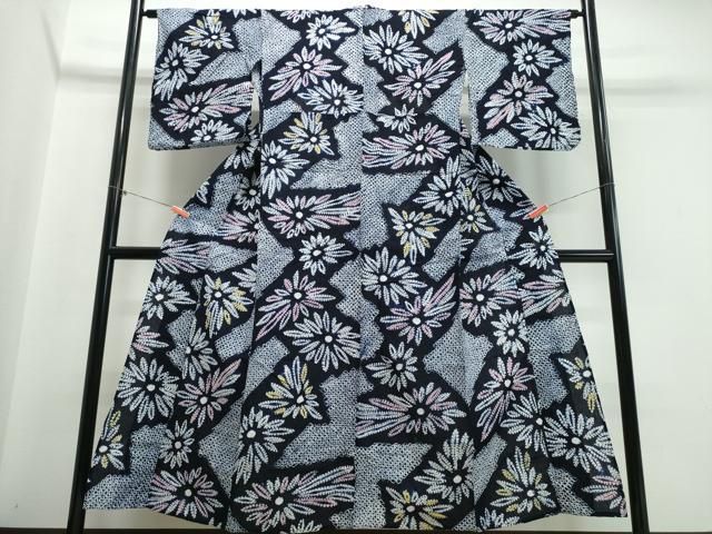 平和屋着物∴夏物 浴衣 有松鳴海絞り 切嵌菊文 綿 ng