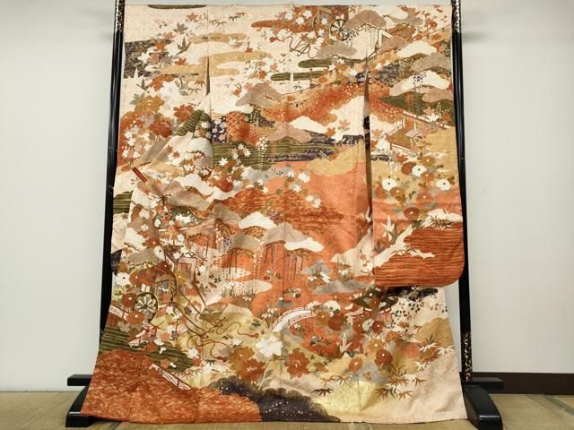 平和屋着物●豪華振袖 駒刺繍 御所車鴛鴦花文 金彩 正絹 ut