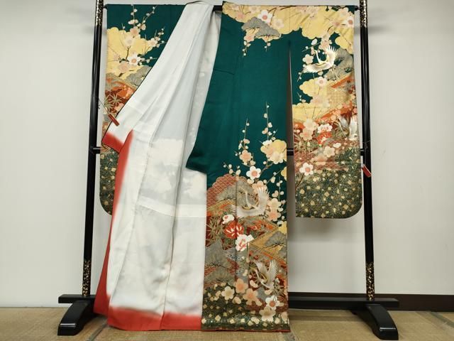 平和屋着物●豪華振袖 飛鶴屏風草花文 金銀彩 正絹 ut