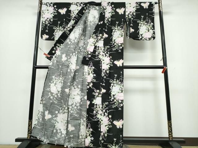 平和屋着物∴夏物 浴衣 綿紅梅 草花舞蝶文 黒地 綿 逸品 CABB6619ng