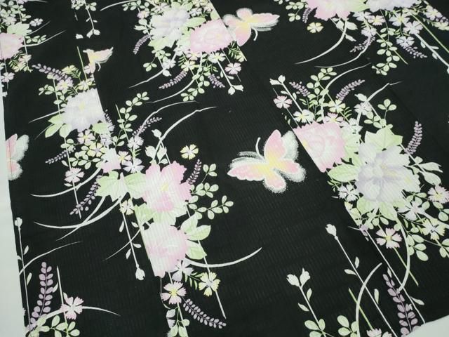 平和屋着物∴夏物 浴衣 綿紅梅 草花舞蝶文 黒地 綿 逸品 CABB6619ng