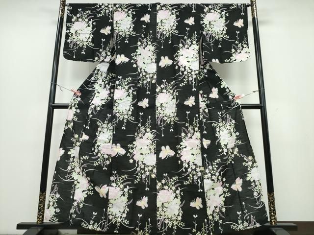 平和屋着物∴夏物 浴衣 綿紅梅 草花舞蝶文 黒地 綿 逸品 CABB6619ng