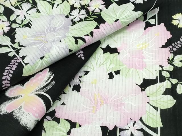 平和屋着物∴夏物 浴衣 綿紅梅 草花舞蝶文 黒地 綿 逸品 CABB6619ng