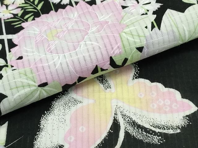 平和屋着物∴夏物 浴衣 綿紅梅 草花舞蝶文 黒地 綿 逸品 CABB6619ng