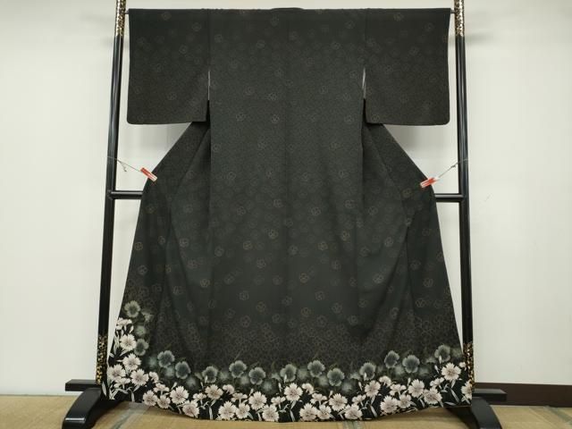 平和屋着物●訪問着 草花文 黒地 洗える着物 ut