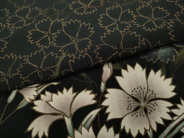  平和屋着物●訪問着 草花文 黒地 洗える着物 ut 訪問着 付け下げ 着物