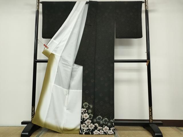 平和屋着物●訪問着 草花文 黒地 洗える着物 ut
