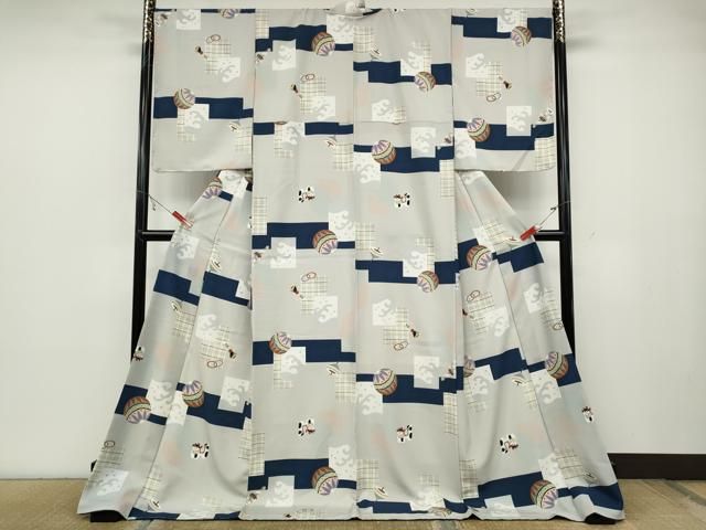 平和屋着物●上質な小紋 色紙重ね鞠玩具文 ロング丈 洗える着物 ♥ ut