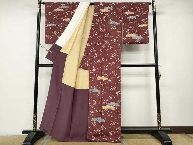 平和屋着物●訪問着 型染め 松花鳥文 鬼しぼ縮緬 正絹 ut