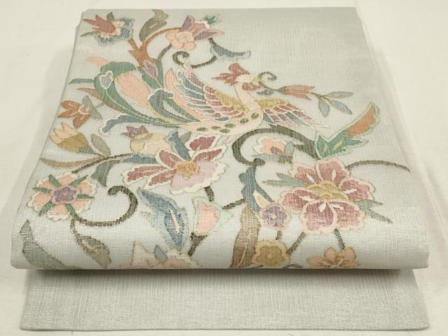 平和屋着物＊夏物 明綴れ 袋帯 花鳥唐草文 金糸 銀通し地 正絹 wj