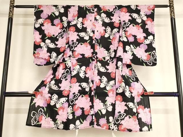 平和屋着物∵夏物 浴衣 子供 女の子 花鳥文 百合 黒地 ja