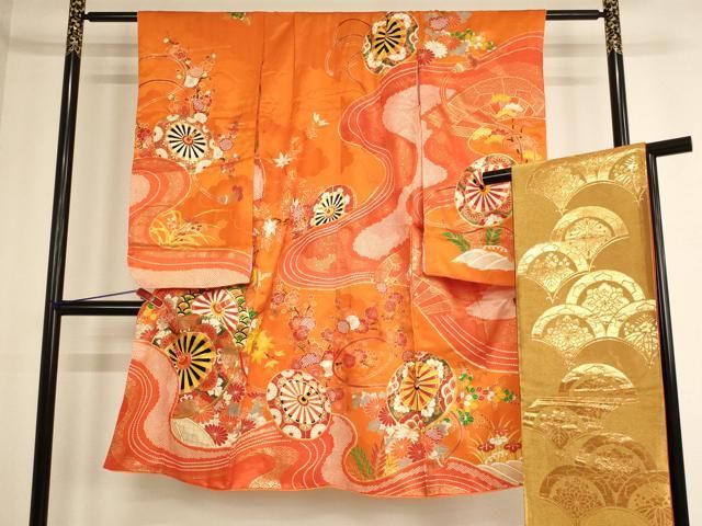 平和屋着物 七五三 女の子 ７歳 祝着 袋帯セット 駒刺繍 源氏車文 金彩 ja