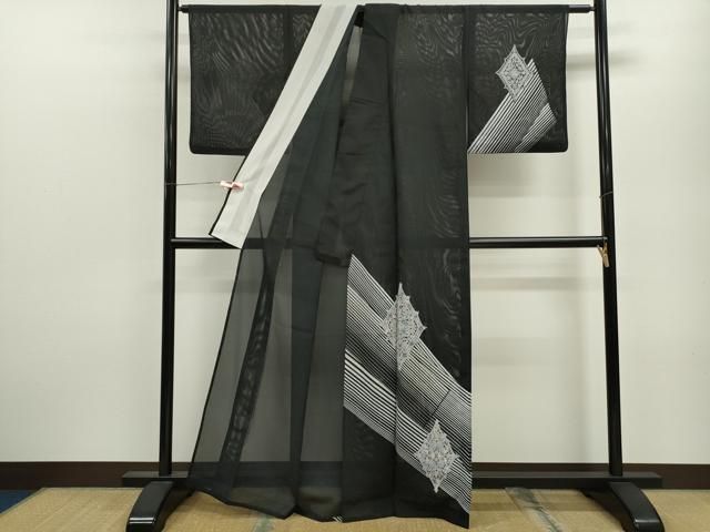 平和屋着物＊夏物 訪問着 絽 菱吉祥花文 黒地 洗える着物 ze