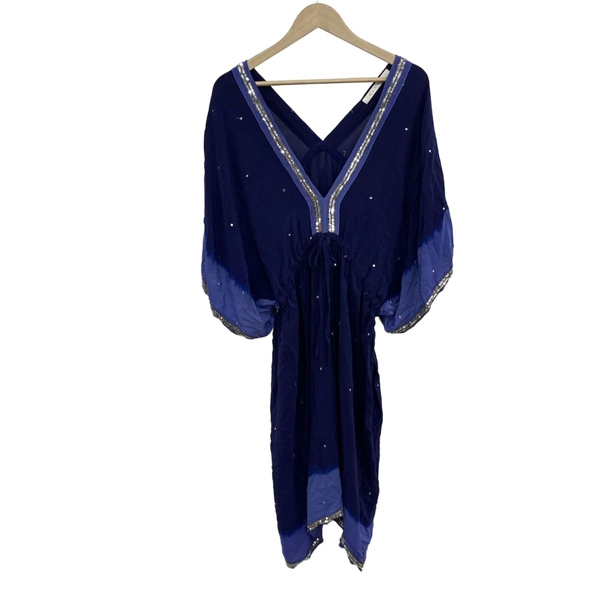 MARIHA マリハ ワンピース レディース - ネイビー×ブルー 七分袖|ひざ丈|シルク|スパンコール|ビーズ