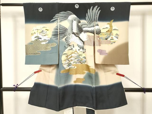 平和屋着物 お宮参り 男の子 祝着 産着 初着 のしめ 鷹 鷲 エ霞雪輪風景松文 暈し染め 金彩 ma