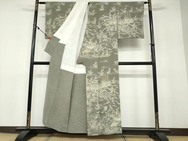 平和屋着物●訪問着 流水風景草花文 金彩 鬼しぼ縮緬 正絹 ud