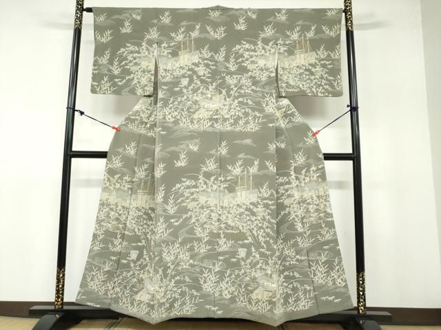 平和屋着物●訪問着 流水風景草花文 金彩 鬼しぼ縮緬 正絹 ud