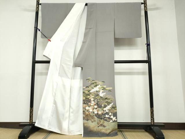 平和屋着物●豪華色留袖 流水飛鶴草花文 金彩 正絹 ud