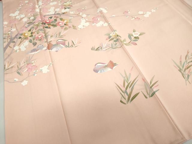 平和屋着物○訪問着 友禅 作家物 流水鴛鴦草花文 正絹 逸品 未使用