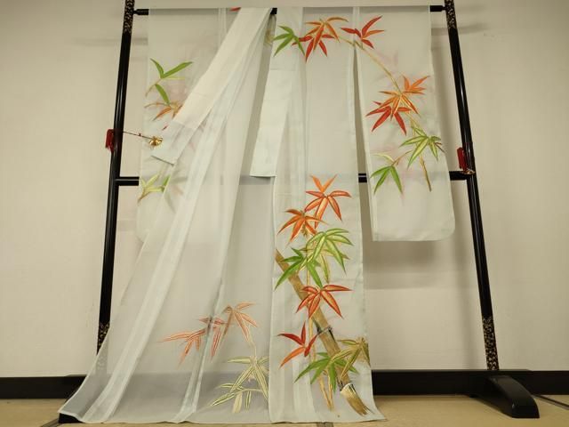 平和屋着物＊夏物 振袖 絽 刺繍 笹竹文 金糸 洗える着物 jd