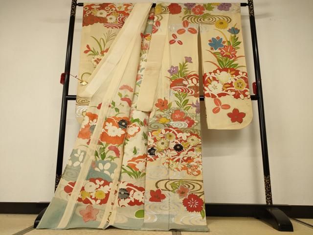 平和屋着物＊夏物 アンティーク 大正ロマン 振袖 絽 刺繍 草花文 金銀彩 正絹 jd