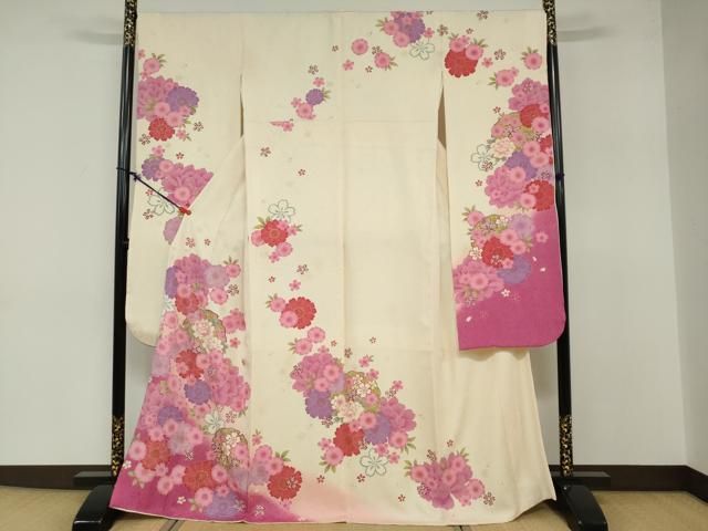 平和屋着物●豪華振袖 駒刺繍 雪輪草花文 暈し染め 金彩 正絹 ud