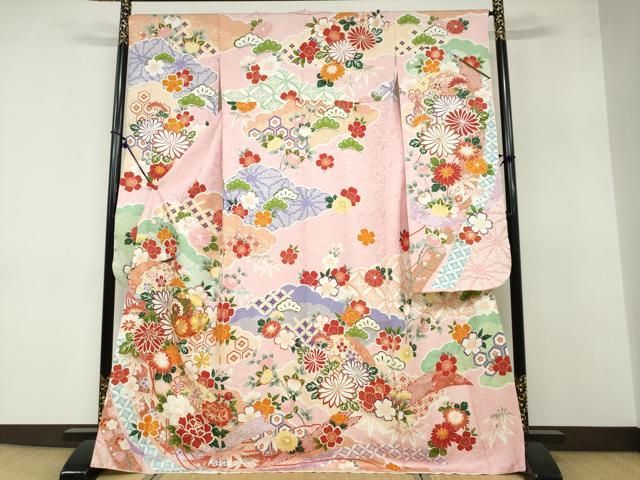 平和屋着物●豪華振袖 駒刺繍 扇面草花丸文 銀通し地 正絹 ud