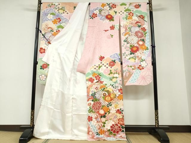 平和屋着物●豪華振袖 駒刺繍 扇面草花丸文 銀通し地 正絹 ud