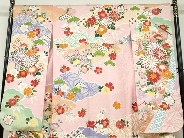 平和屋着物○豪華振袖 駒刺繍 扇面草花丸文 銀通し地 正絹 逸品