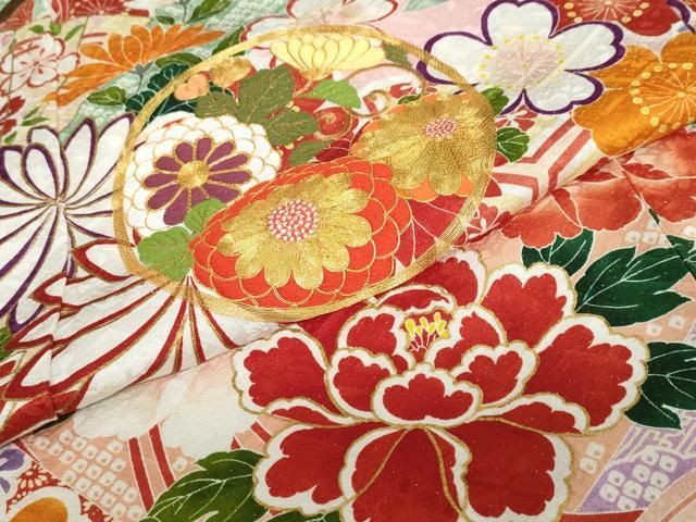 平和屋着物○豪華振袖 駒刺繍 扇面草花丸文 銀通し地 正絹 逸品