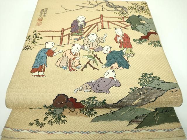 平和屋着物●六通柄 本袋帯 唐織 作家物 傚明仇英意 淇園主人 金糸 正絹 ps