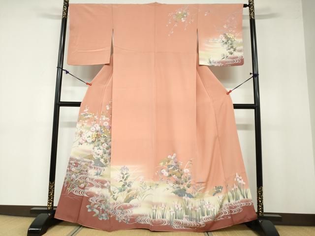 平和屋着物●訪問着 流水地紙重ね飛鶴草花文 暈し染め 金彩 正絹 ud