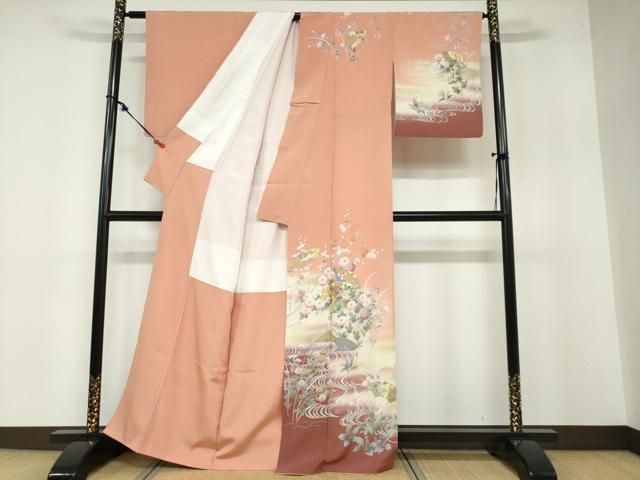 平和屋着物●訪問着 流水地紙重ね飛鶴草花文 暈し染め 金彩 正絹 ud