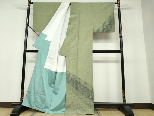 平和屋着物●訪問着 紬地 横段草花文 正絹 ♥ ud