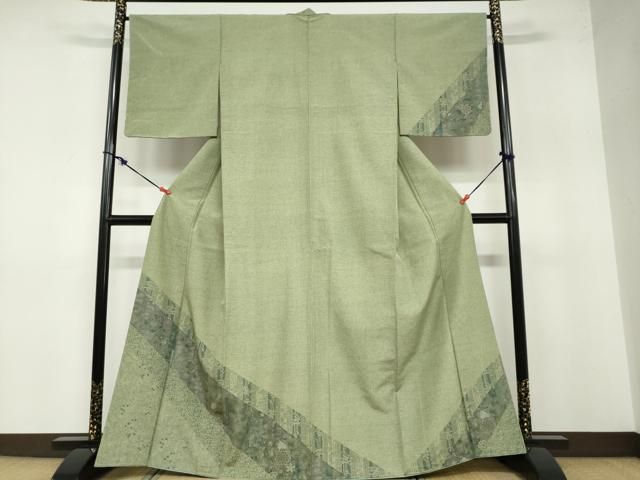 平和屋着物●訪問着 紬地 横段草花文 正絹 ♥ ud