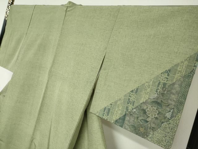  平和屋着物●訪問着 紬地 横段草花文 正絹 ♥ ud 訪問着 付け下げ 着物