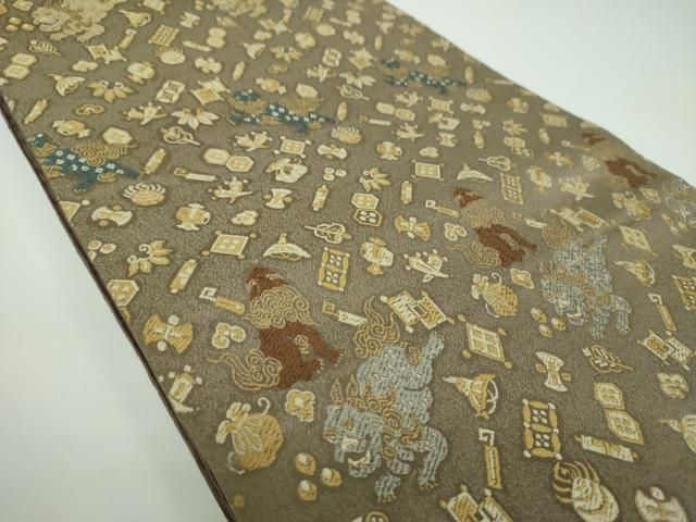 平和屋着物●アンティーク 大正ロマン 本場筑前博多織 両面 六通柄 京袋帯 唐織 唐獅子 宝尽くし 献上 正絹 ps