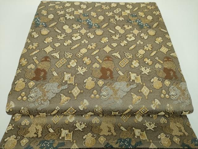 平和屋着物●アンティーク 大正ロマン 本場筑前博多織 両面 六通柄 京袋帯 唐織 唐獅子 宝尽くし 献上 正絹 ps