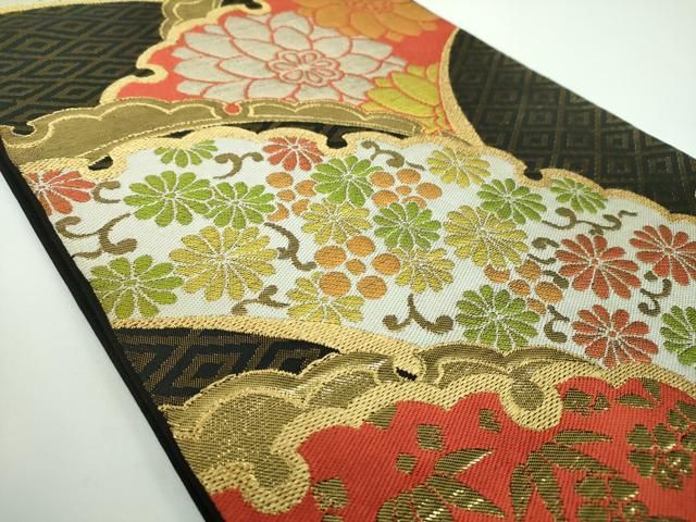 平和屋着物○西陣 川島織物 六通柄 本袋帯 雪芝花文 黒地 金糸 正絹