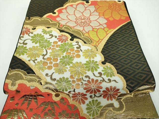 平和屋着物○西陣 川島織物 六通柄 本袋帯 雪芝花文 黒地 金糸 正絹