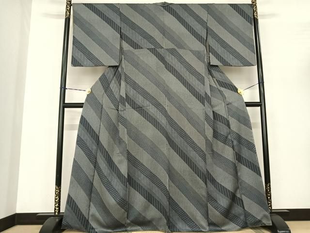 平和屋着物●江戸小紋 斜縞 黒地 正絹 fy